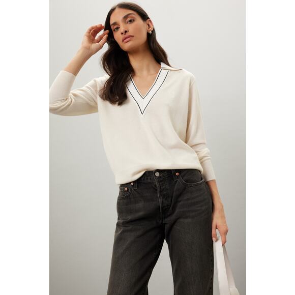 SANDRO Off-White Wool Knit Long Sleeve Retro Prep Alizia Sweater Size 3 - Picture 3 of 13